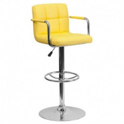 MFO Contemporary Yellow Quilted Vinyl Adjustable Height Bar Stool with Arms and Chrome Base