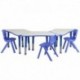 MFO Blue Trapezoid Plastic Activity Table Configuration with 3 School Stack Chairs