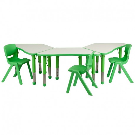 MFO Green Trapezoid Plastic Activity Table Configuration with 3 School Stack Chairs