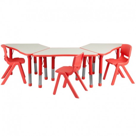 MFO Red Trapezoid Plastic Activity Table Configuration with 3 School Stack Chairs