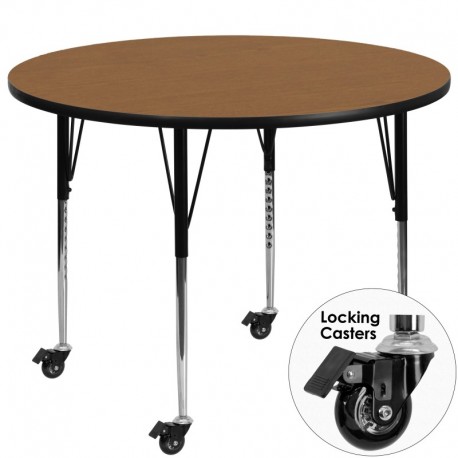 MFO Mobile 60'' Round Activity Table with Oak Thermal Fused Laminate Top and Standard Height Adjustable Legs