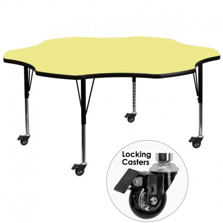 MFO Mobile 60'' Flower Shaped Activity Table with Yellow Thermal Fused Laminate Top and Height Adjustable Pre-School Legs