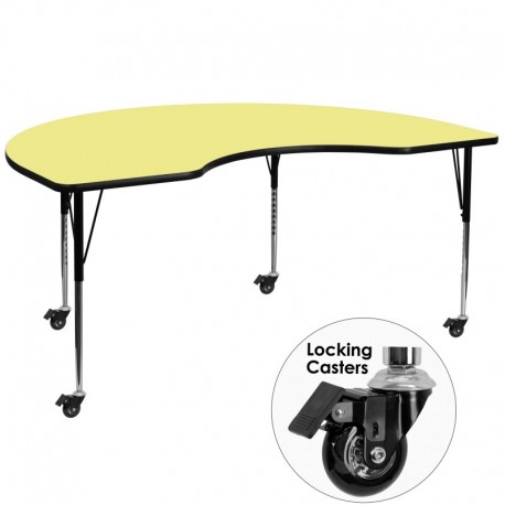 MFO Mobile 48''W x 96''L Kidney Shaped Activity Table with Yellow Thermal Fused Laminate Top and Standard Height Adjustable Legs