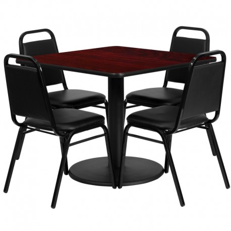 MFO 36'' Square Mahogany Laminate Table Set with 4 Black Trapezoidal Back Banquet Chairs