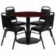 MFO 36'' Round Mahogany Laminate Table Set with 4 Black Trapezoidal Back Banquet Chairs