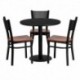 MFO 30'' Round Black Laminate Table Set with 3 Grid Back Metal Chairs - Cherry Wood Seat