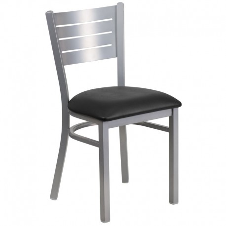 MFO Silver Slat Back Metal Restaurant Chair - Black Vinyl Seat
