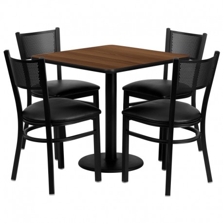 MFO 30'' Square Walnut Laminate Table Set with 4 Grid Back Metal Chairs - Black Vinyl Seat