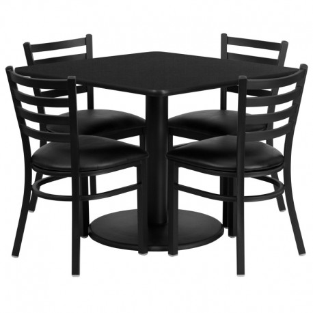 MFO 36'' Square Black Laminate Table Set with 4 Ladder Back Metal Chairs - Black Vinyl Seat