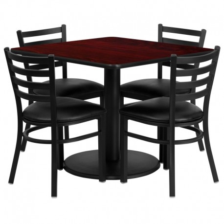 MFO 36'' Square Mahogany Laminate Table Set with 4 Ladder Back Metal Chairs - Black Vinyl Seat