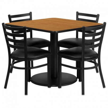 MFO 36'' Square Natural Laminate Table Set with 4 Ladder Back Metal Chairs - Black Vinyl Seat
