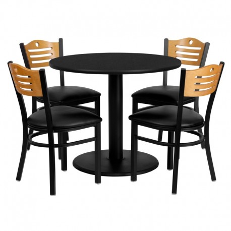 MFO 36'' Round Black Laminate Table Set with 4 Wood Slat Back Metal Chairs - Black Vinyl Seat