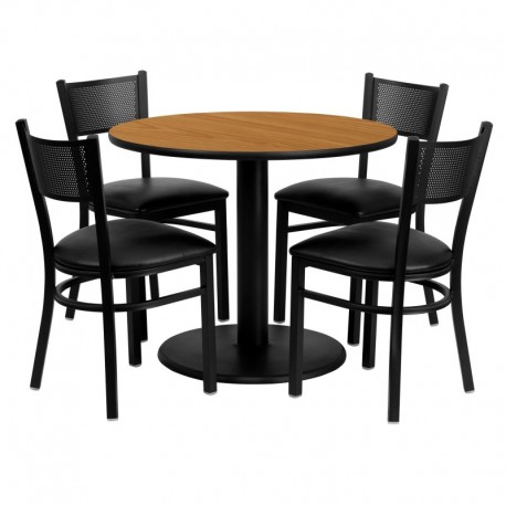 MFO 36'' Round Natural Laminate Table Set with 4 Grid Back Metal Chairs - Black Vinyl Seat