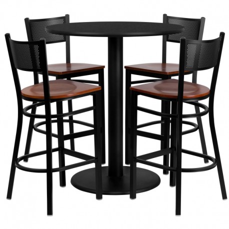 MFO 36'' Round Black Laminate Table Set with 4 Grid Back Metal Bar Stools - Cherry Wood Seat