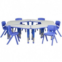 MFO Blue Trapezoid Plastic Activity Table Configuration with 6 School Stack Chairs