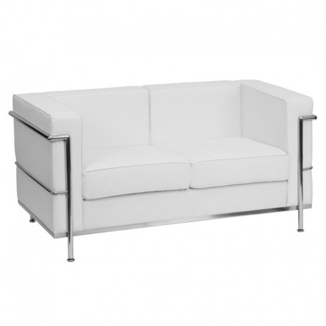 MFO Pristine Collection Contemporary White Leather Love Seat with Encasing Frame
