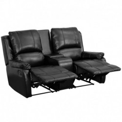 MFO Repose Collection 2-Seat Reclining Pillow Back Black Leather Theater Seating Unit with Cup Holders