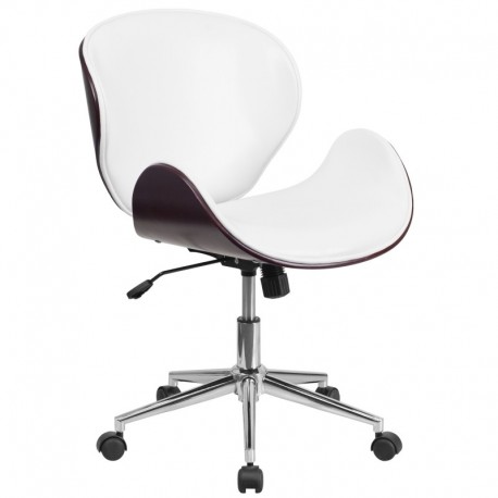 MFO Mid-Back Mahogany Wood Swivel Conference Chair in White Leather
