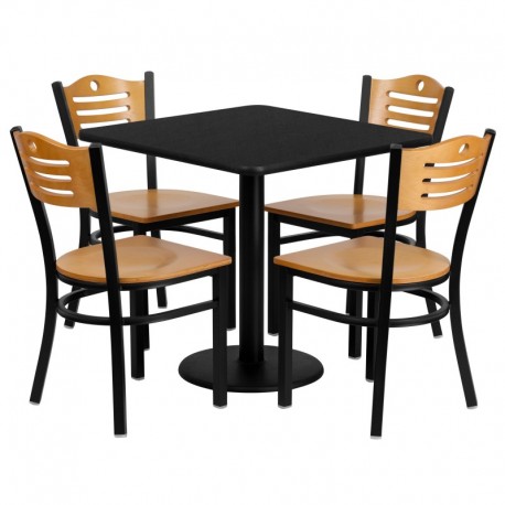 MFO 30'' Square Black Laminate Table Set with 4 Wood Slat Back Metal Chairs - Natural Wood Seat