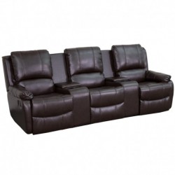 MFO Repose Collection 3-Seat Reclining Pillow Back Brown Leather Theater Seating Unit with Cup Holders