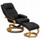 MFO Contemporary Black Leather Recliner and Ottoman with Swiveling Maple Wood Base