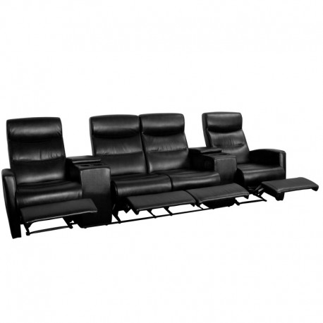 MFO Lux Collection 4-Seat Reclining Black Leather Theater Seating Unit with Cup Holders