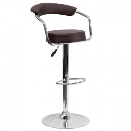MFO Contemporary Brown Vinyl Adjustable Height Bar Stool with Arms and Chrome Base