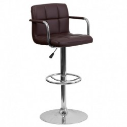 MFO Contemporary Brown Quilted Vinyl Adjustable Height Bar Stool with Arms and Chrome Base