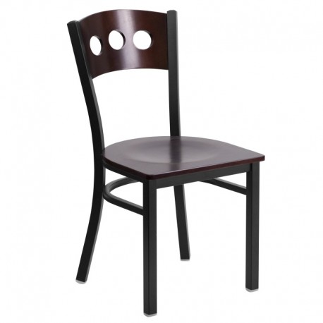 MFO Black Decorative 3 Circle Back Metal Restaurant Chair - Walnut Wood Back & Seat