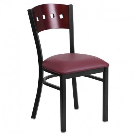 MFO Black Decorative 4 Square Back Metal Restaurant Chair - Mahogany Wood Back, Burgundy Vinyl Seat