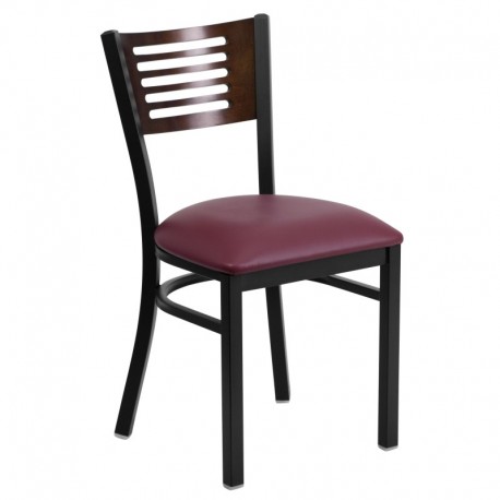 MFO Black Decorative Slat Back Metal Restaurant Chair - Walnut Wood Back, Burgundy Vinyl Seat
