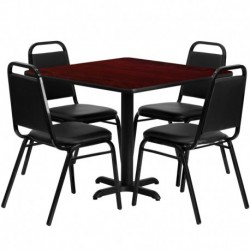 MFO 36'' Square Mahogany Laminate Table Set with 4 Black Trapezoidal Back Banquet Chairs
