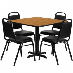 MFO 36'' Square Natural Laminate Table Set with 4 Black Trapezoidal Back Banquet Chairs