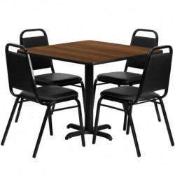 MFO 36'' Square Walnut Laminate Table Set with 4 Black Trapezoidal Back Banquet Chairs