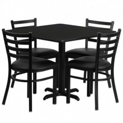 MFO 36'' Square Black Laminate Table Set with 4 Ladder Back Metal Chairs - Black Vinyl Seat