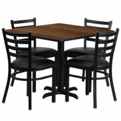 MFO 36'' Square Walnut Laminate Table Set with 4 Ladder Back Metal Chairs - Black Vinyl Seat