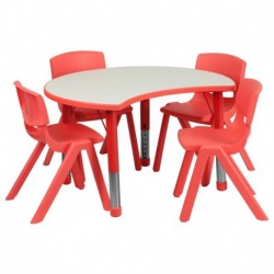 MFO 25.125''W x 35.5''L Height Adjustable Cutout Circle Red Plastic Activity Table Set with 4 School Stack Chairs