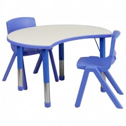 MFO 25.125''W x 35.5''L Height Adjustable Cutout Circle Blue Plastic Activity Table Set with 2 School Stack Chairs