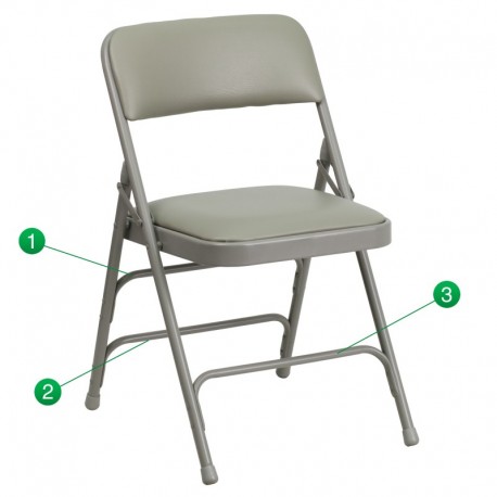 MFO Curved Triple Braced & Quad Hinged Gray Vinyl Upholstered Metal Folding Chair