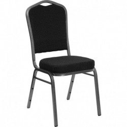 MFO Crown Back Stacking Banquet Chair with Black Patterned Fabric and 2.5'' Thick Seat - Silver Vein Frame