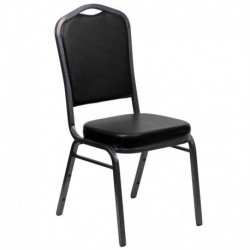 MFO Crown Back Stacking Banquet Chair with Black Vinyl and 2.5'' Thick Seat - Silver Vein Frame