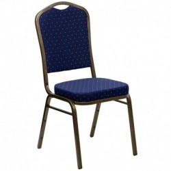 MFO Crown Back Stacking Banquet Chair with Navy Blue Patterned Fabric and 2.5'' Thick Seat - Gold Vein Frame