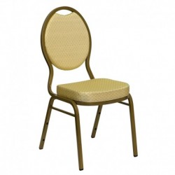 MFO Teardrop Back Stacking Banquet Chair with Beige Patterned Fabric and 2.5'' Thick Seat - Gold Frame