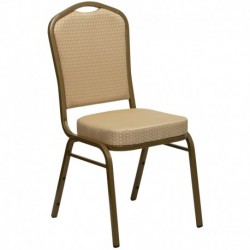 MFO Crown Back Stacking Banquet Chair with Beige Patterned Fabric and 2.5'' Thick Seat - Gold Frame