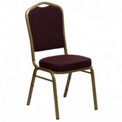 MFO Crown Back Stacking Banquet Chair with Burgundy Patterned Fabric and 2.5'' Thick Seat - Gold Frame