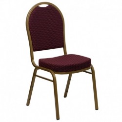 MFO Dome Back Stacking Banquet Chair with Burgundy Patterned Fabric and 2.5'' Thick Seat - Gold Frame