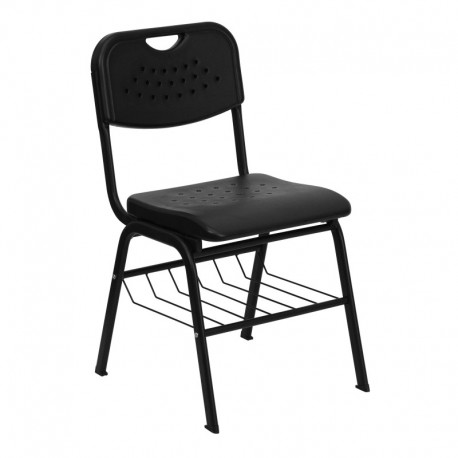 MFO 880 lb. Capacity Black Plastic Chair with Black Powder Coated Frame and Book Basket