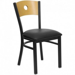 MFO Black Circle Back Metal Restaurant Chair - Natural Wood Back, Black Vinyl Seat