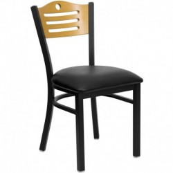 MFO Black Slat Back Metal Restaurant Chair - Natural Wood Back, Black Vinyl Seat