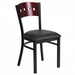 MFO Black Decorative 4 Square Back Metal Restaurant Chair - Mahogany Wood Back, Black Vinyl Seat